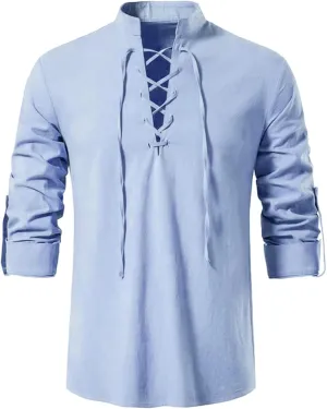 Men's Long Sleeve Shirts Retro Style Lace up for Medieval,Viking,Hippie Halloween Cosplay Pirate Renaissance Costume