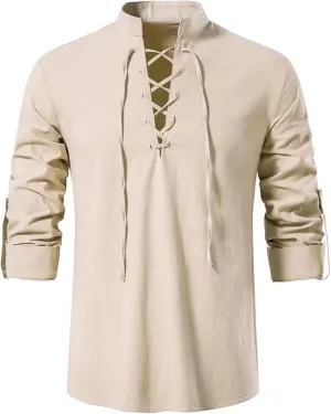 Men's Long Sleeve Shirts Retro Style Lace up for Medieval,Viking,Hippie Halloween Cosplay Pirate Renaissance Costume