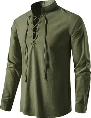 Men's Long Sleeve Shirts Retro Style Lace up for Medieval,Viking,Hippie Halloween Cosplay Pirate Renaissance Costume