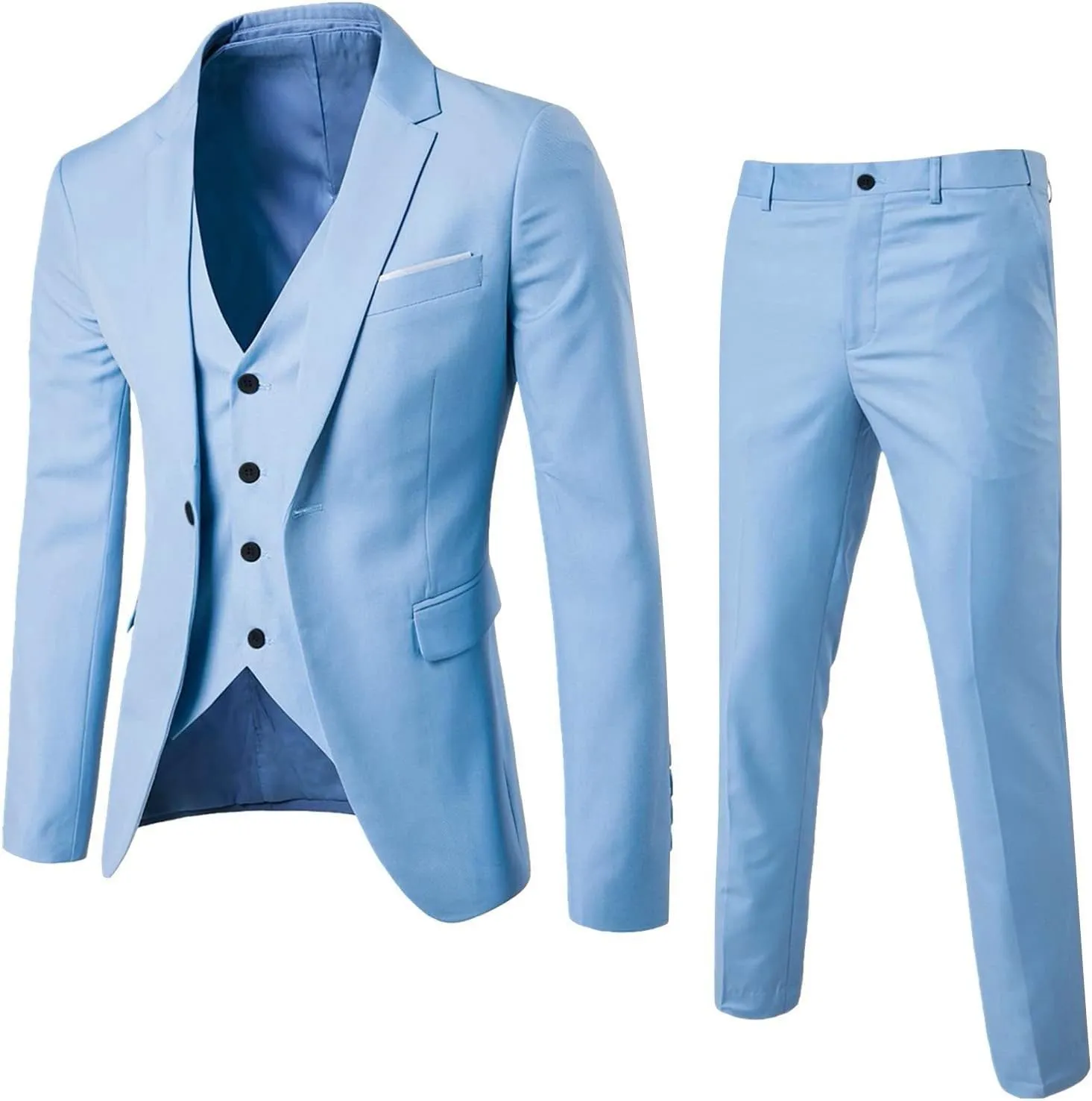 Men's Slim Fit Blue 3 Piece Suit Set - Blazer, Vest, Pants - Wedding, Business, Prom, Tuxedo Suits