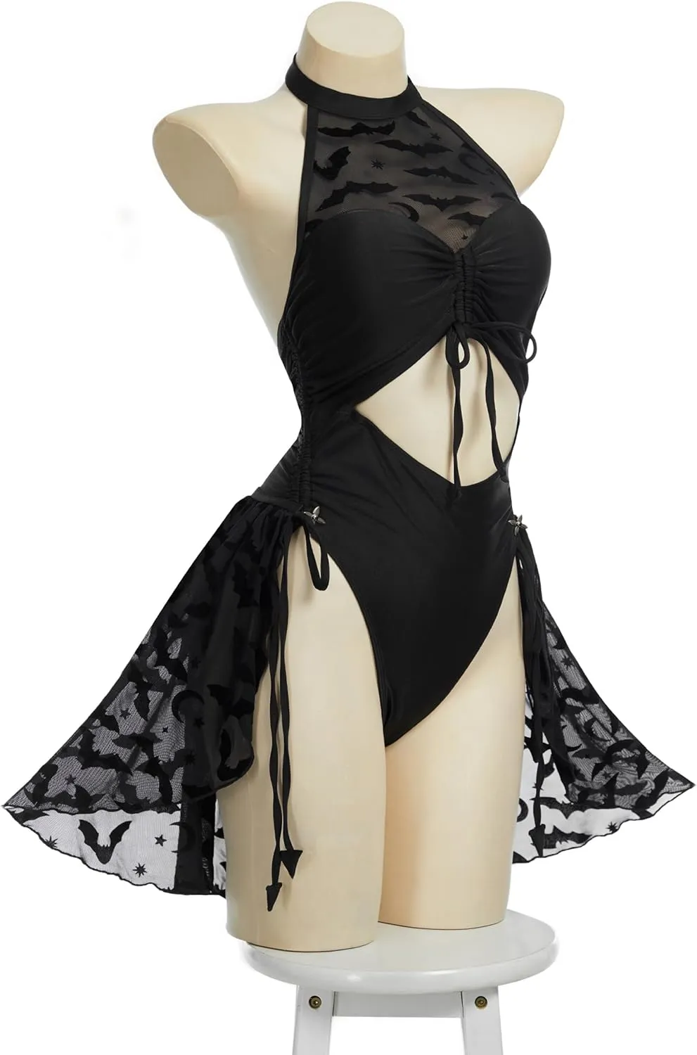 MEOWCOS Women One Piece Swimsuits Gothic Halter Bathing Suit Retro Style Cut Out Swimsuit