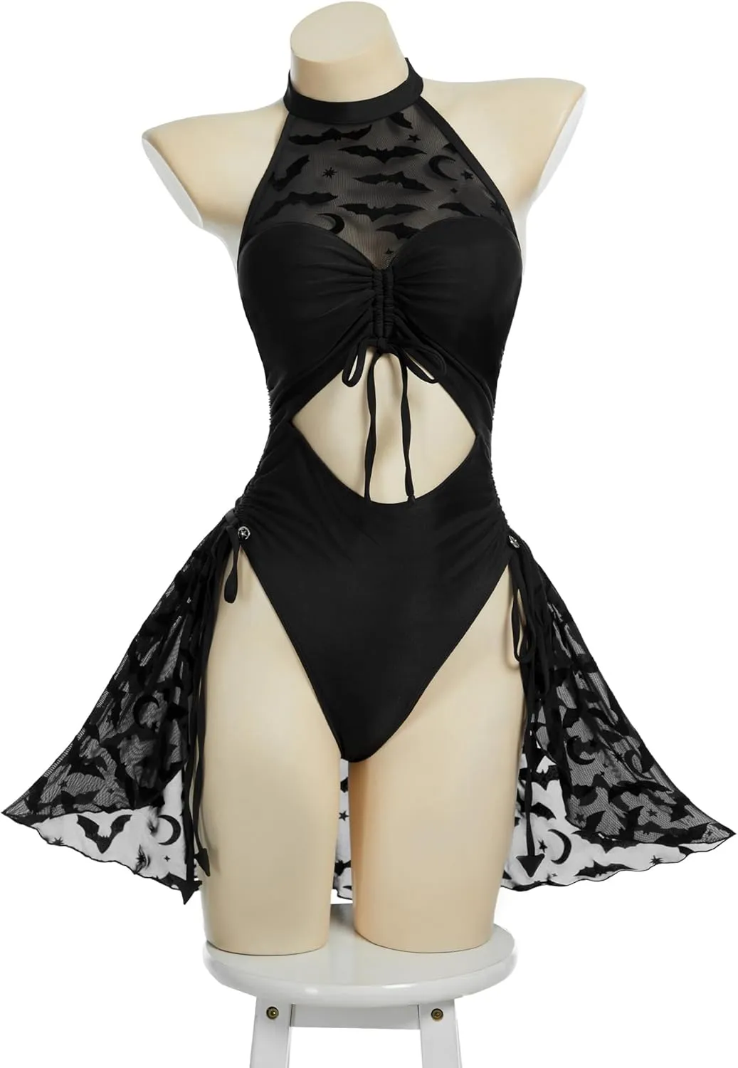 MEOWCOS Women One Piece Swimsuits Gothic Halter Bathing Suit Retro Style Cut Out Swimsuit