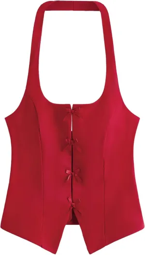 Milumia Women's Backless Halter Crop Top Y2K Bow Front Cut Out Sleeveless Going Out Tank Tops