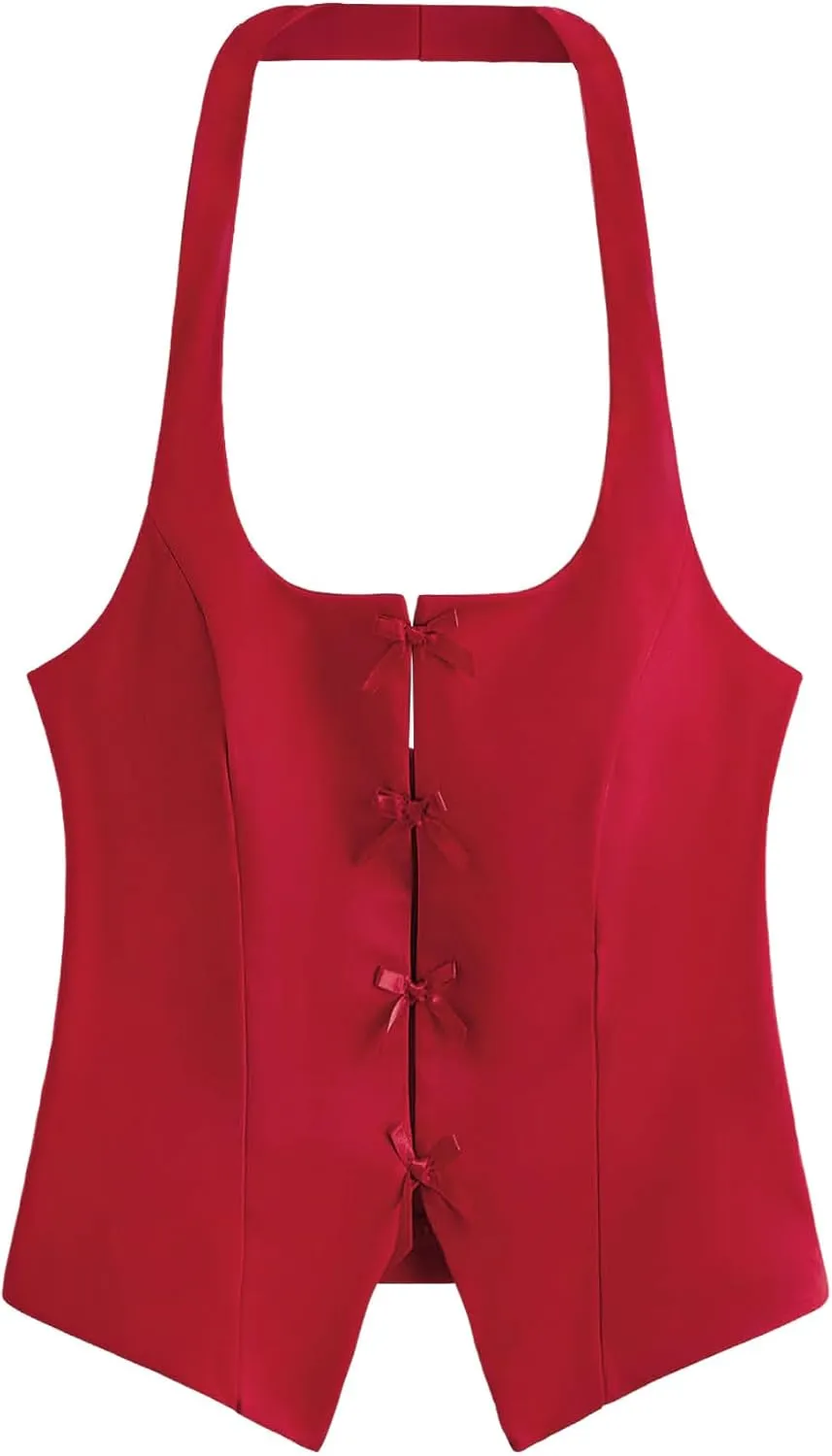 Milumia Women's Backless Halter Crop Top Y2K Bow Front Cut Out Sleeveless Going Out Tank Tops