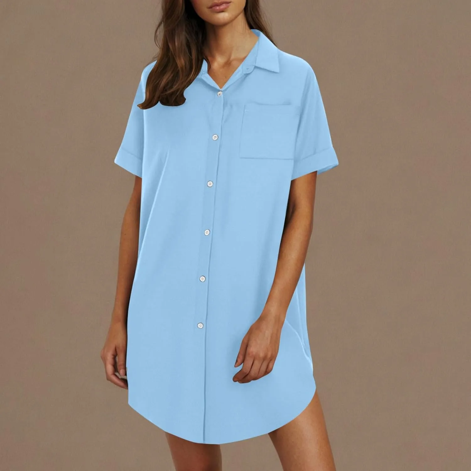Mini Dress for Women Button Down V Neck Cotton Linen Shirt Dresses Short Sleeve Casual Pure Work Oversized Sundress
