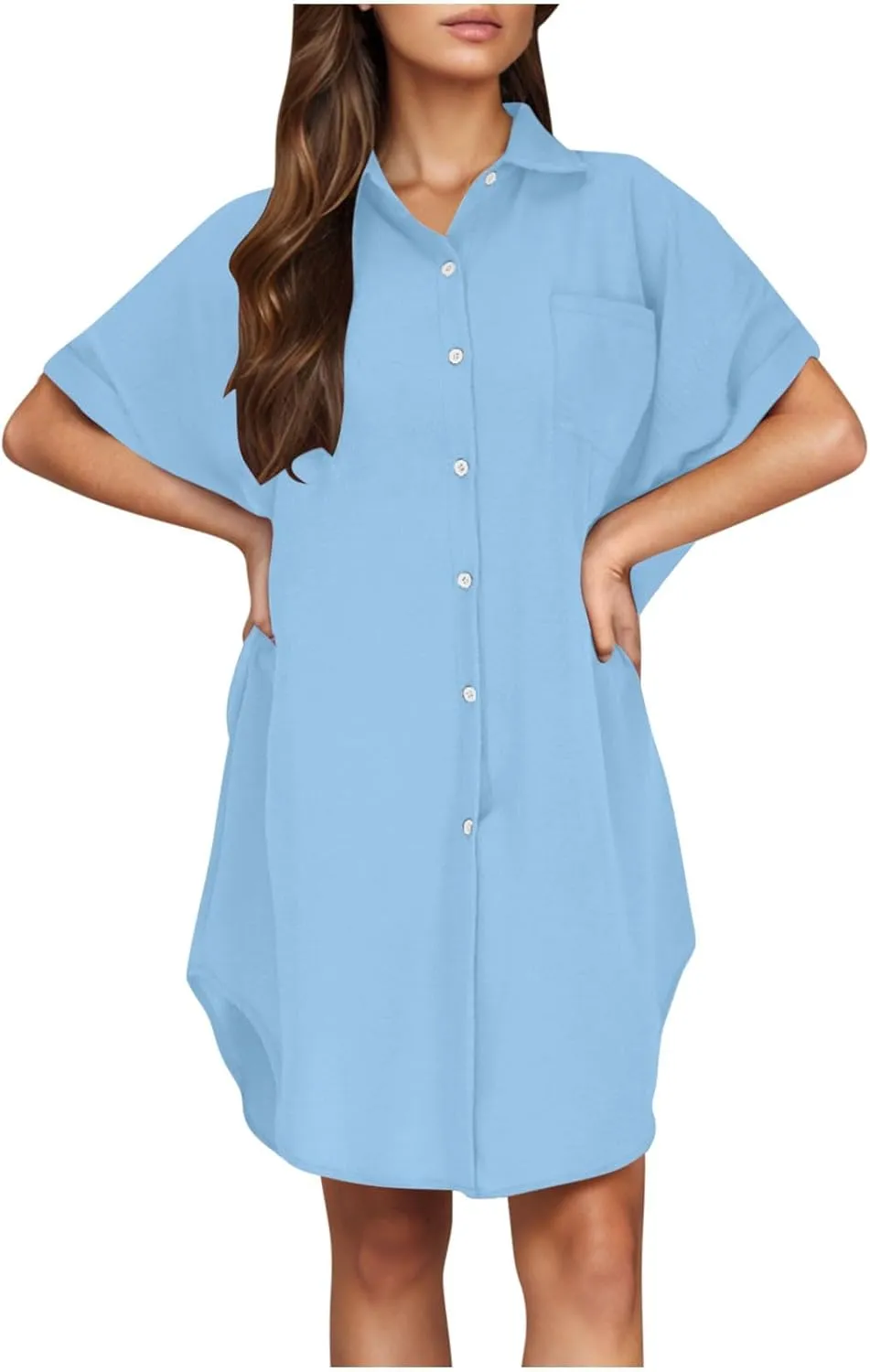 Mini Dress for Women Button Down V Neck Cotton Linen Shirt Dresses Short Sleeve Casual Pure Work Oversized Sundress