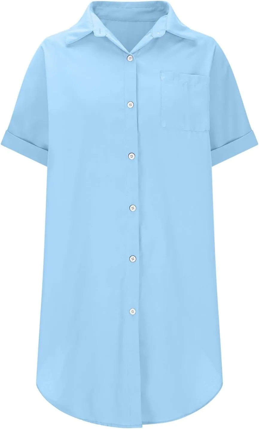 Mini Dress for Women Button Down V Neck Cotton Linen Shirt Dresses Short Sleeve Casual Pure Work Oversized Sundress