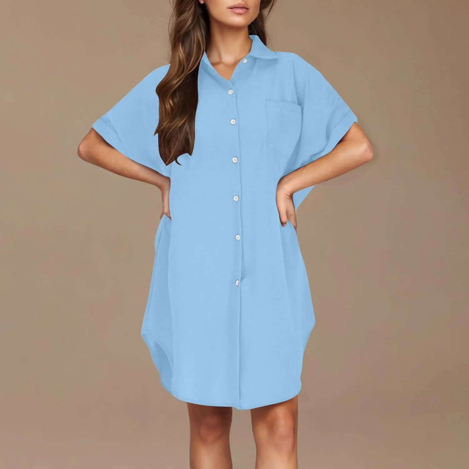 Mini Dress for Women Button Down V Neck Cotton Linen Shirt Dresses Short Sleeve Casual Pure Work Oversized Sundress
