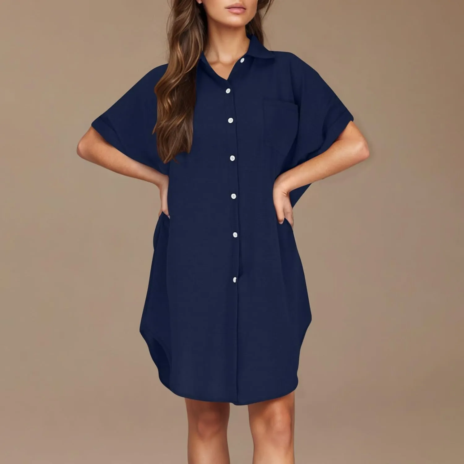 Mini Dress for Women Button Down V Neck Cotton Linen Shirt Dresses Short Sleeve Casual Pure Work Oversized Sundress