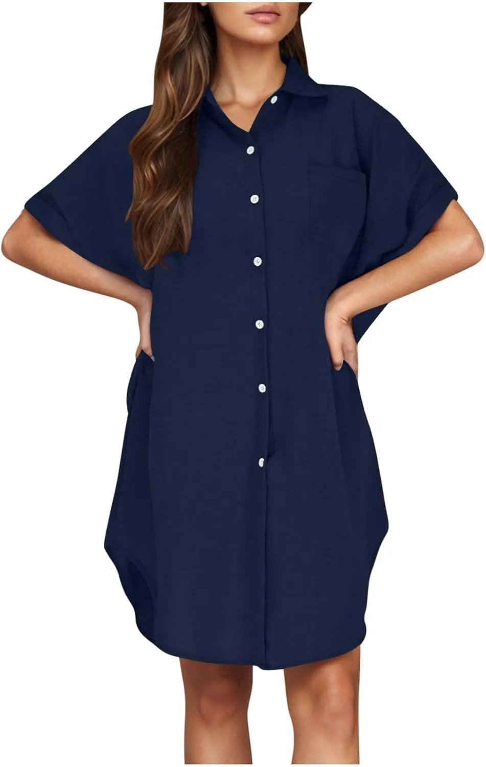Mini Dress for Women Button Down V Neck Cotton Linen Shirt Dresses Short Sleeve Casual Pure Work Oversized Sundress
