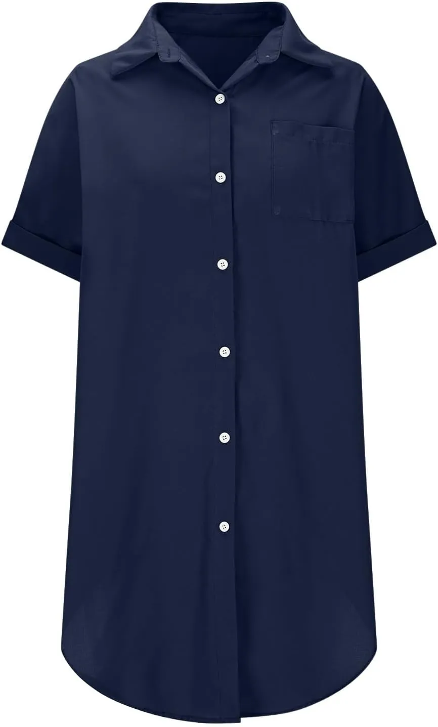 Mini Dress for Women Button Down V Neck Cotton Linen Shirt Dresses Short Sleeve Casual Pure Work Oversized Sundress