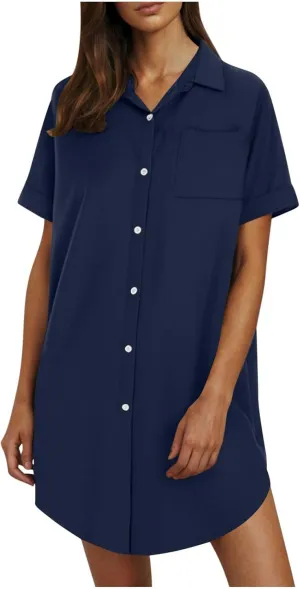 Mini Dress for Women Button Down V Neck Cotton Linen Shirt Dresses Short Sleeve Casual Pure Work Oversized Sundress