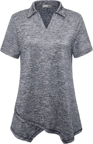 MISS FORTUNE Women's Workout Tops Golf Polo Short Sleeve V Neck Shirts Lightweight Moisture Wicking Athletic Tennis Work Top
