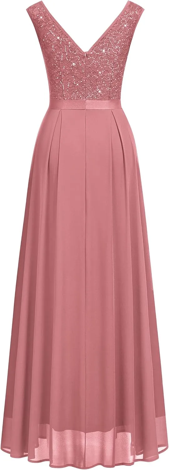Miusol Women's Sexy Deep V-Neck Sequin Lace Double Sleeveless Evening Party Maxi Dress