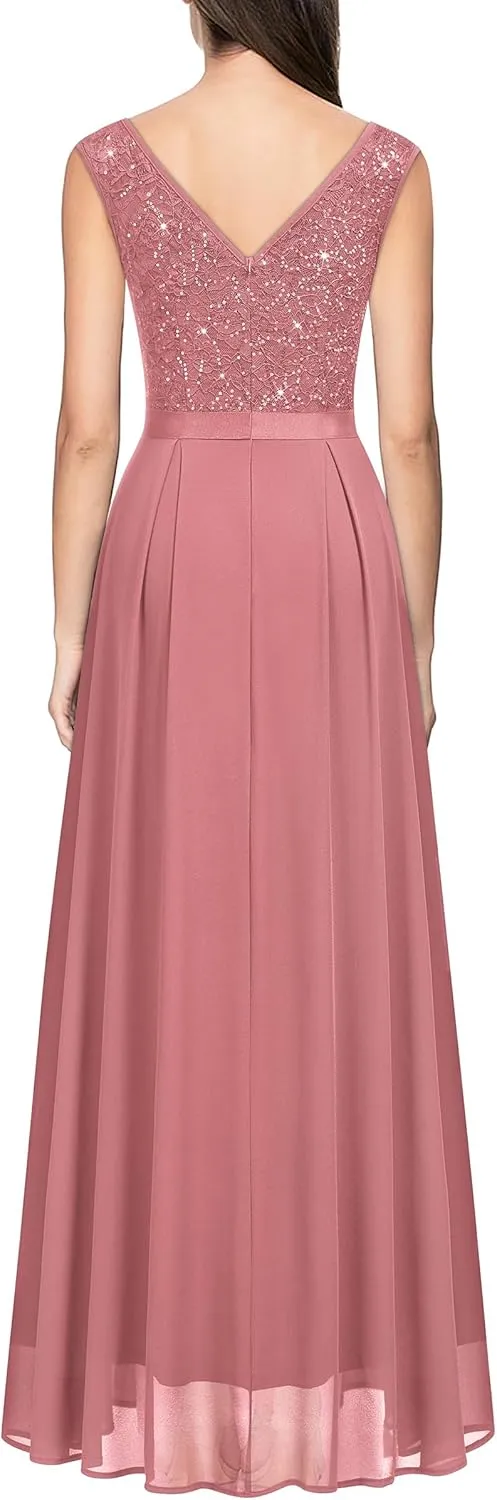Miusol Women's Sexy Deep V-Neck Sequin Lace Double Sleeveless Evening Party Maxi Dress