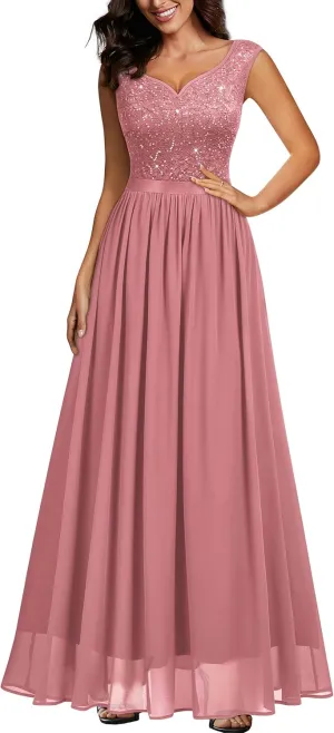 Miusol Women's Sexy Deep V-Neck Sequin Lace Double Sleeveless Evening Party Maxi Dress
