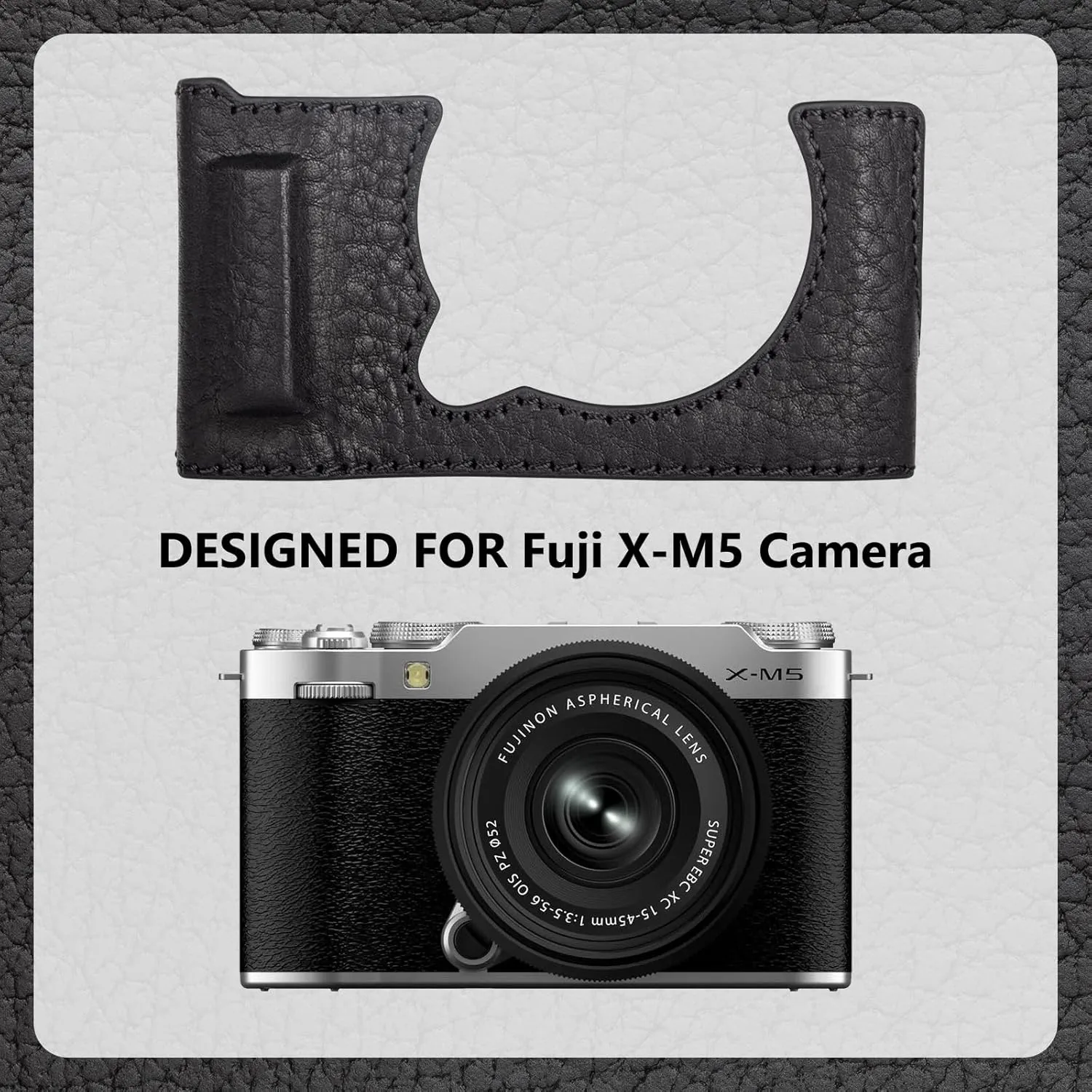 MUZIRI KINOKOO Case Compatible for Fujifilm X-M5 Fuji XM5 Camera, Retro Style Genuine Leather Fuji X-M5/XM5 Half Case Protective Cover - with Opening Bottom and Hand Grip Design - Black