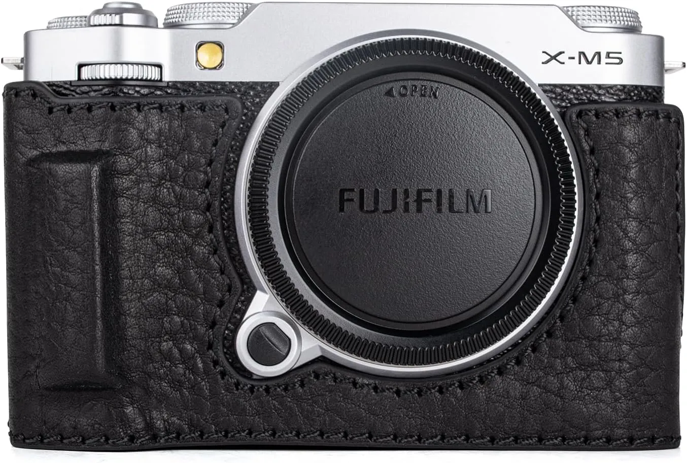 MUZIRI KINOKOO Case Compatible for Fujifilm X-M5 Fuji XM5 Camera, Retro Style Genuine Leather Fuji X-M5/XM5 Half Case Protective Cover - with Opening Bottom and Hand Grip Design - Black