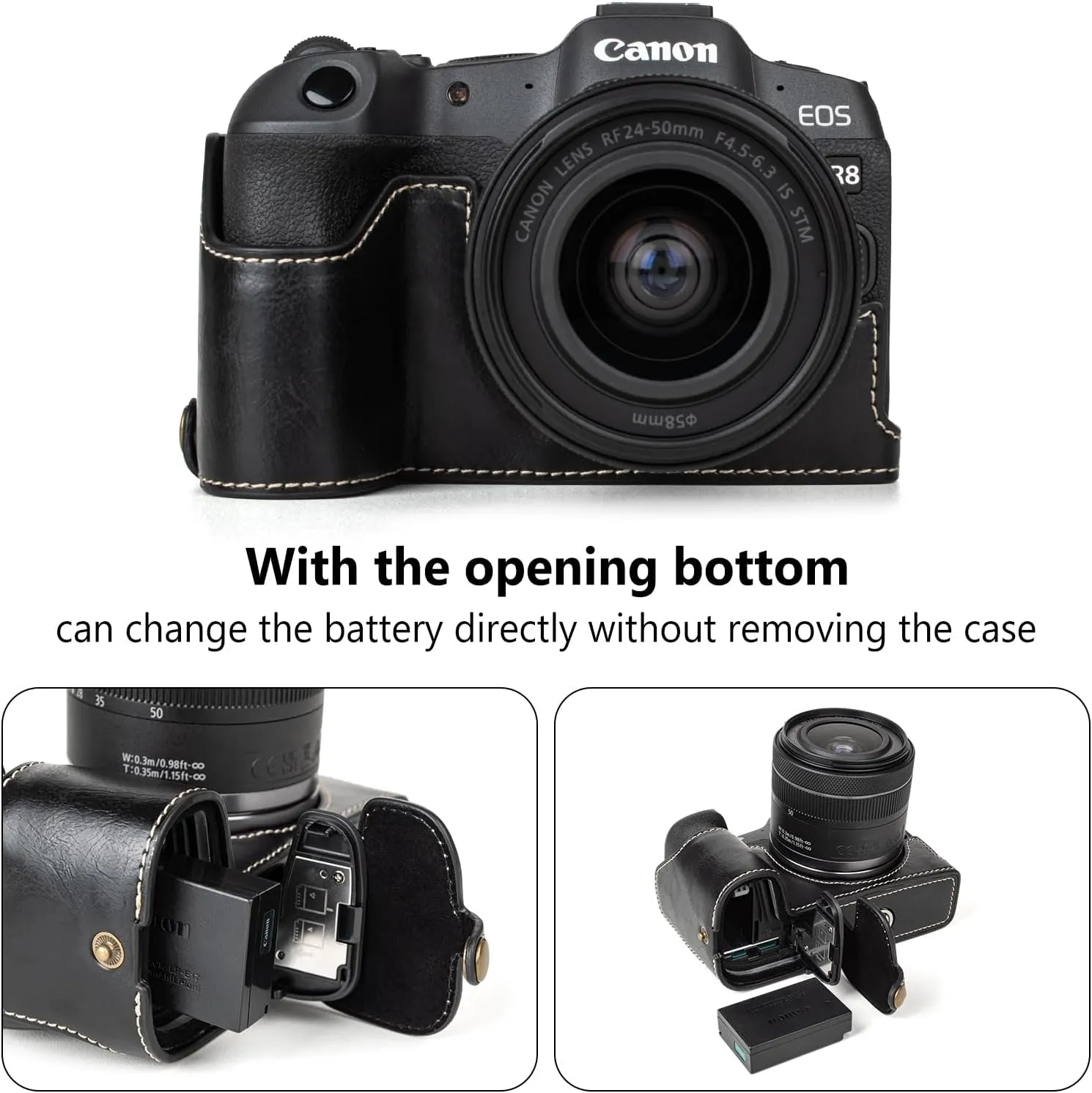 MUZIRI KINOKOO Case for Canon EOS R8/ RP DSLR Camera, Retro Style PU Leather Protective Case with Hand Grip and Opening Bottom Design - Black