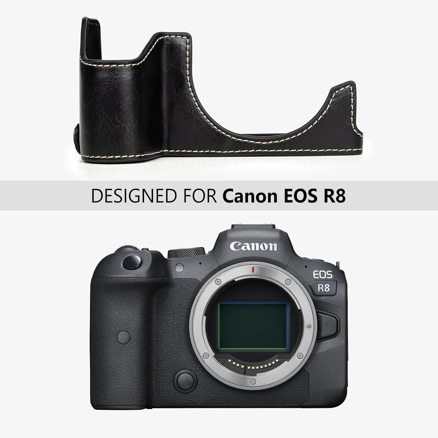 MUZIRI KINOKOO Case for Canon EOS R8/ RP DSLR Camera, Retro Style PU Leather Protective Case with Hand Grip and Opening Bottom Design - Black