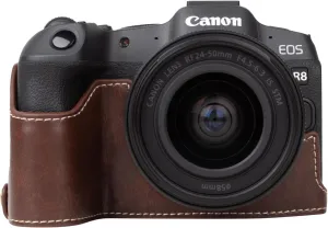 MUZIRI KINOKOO Case for Canon EOS R8/RP DSLR Camera, Retro Style PU Leather Protective Case with Hand Grip and Opening Bottom Design - Coffee