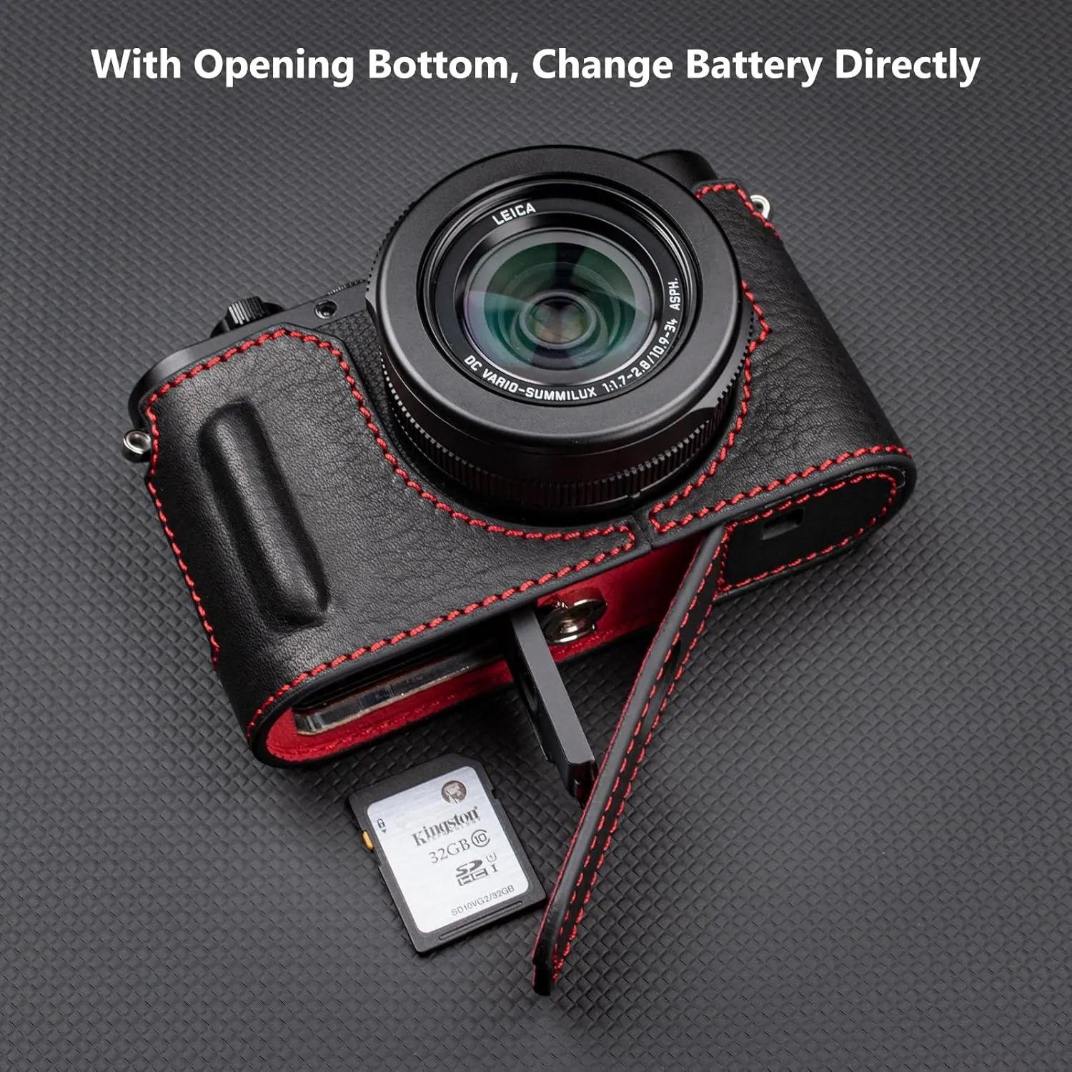 MUZIRI KINOKOO Case for Leica D-LUX 8 Camera - Retro Style Genuine Leather Half Protective Case for Leica D LUX 8/ D-LUX8 Camera - with Opening Bottom and Hand Grip Design - Black Red