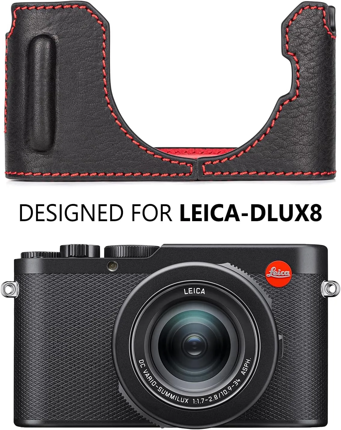 MUZIRI KINOKOO Case for Leica D-LUX 8 Camera - Retro Style Genuine Leather Half Protective Case for Leica D LUX 8/ D-LUX8 Camera - with Opening Bottom and Hand Grip Design - Black Red
