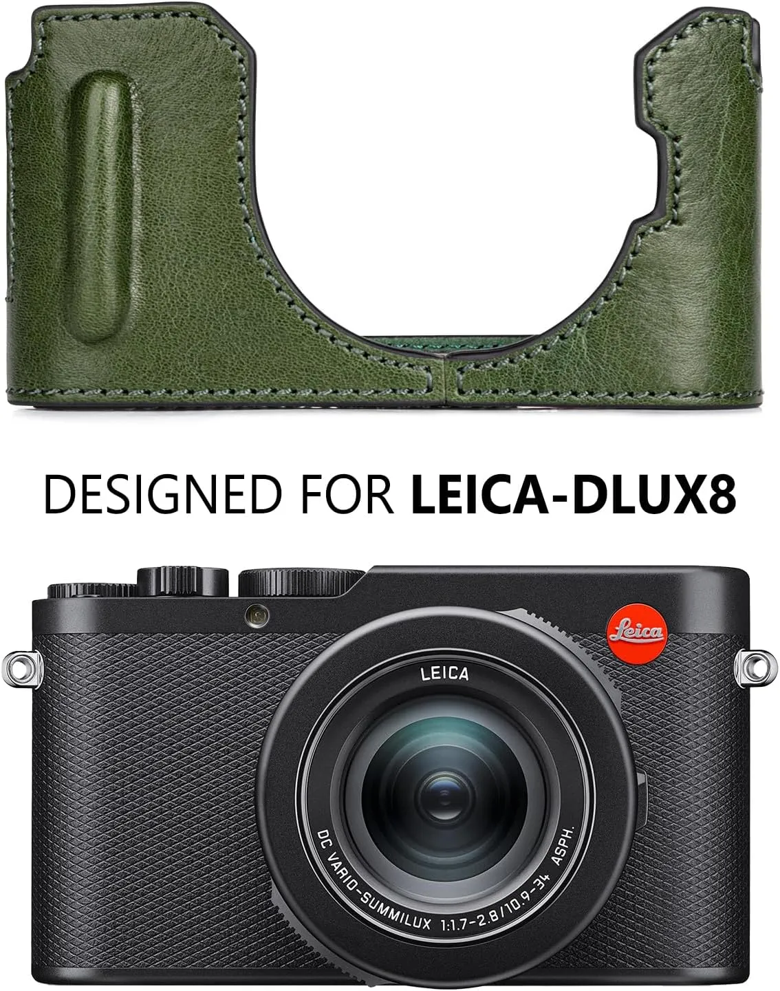 MUZIRI KINOKOO Case for Leica D-LUX 8 Camera - Retro Style Genuine Leather Half Protective Case for Leica D LUX 8/ D-LUX8 Camera - with Opening Bottom and Hand Grip Design - Green