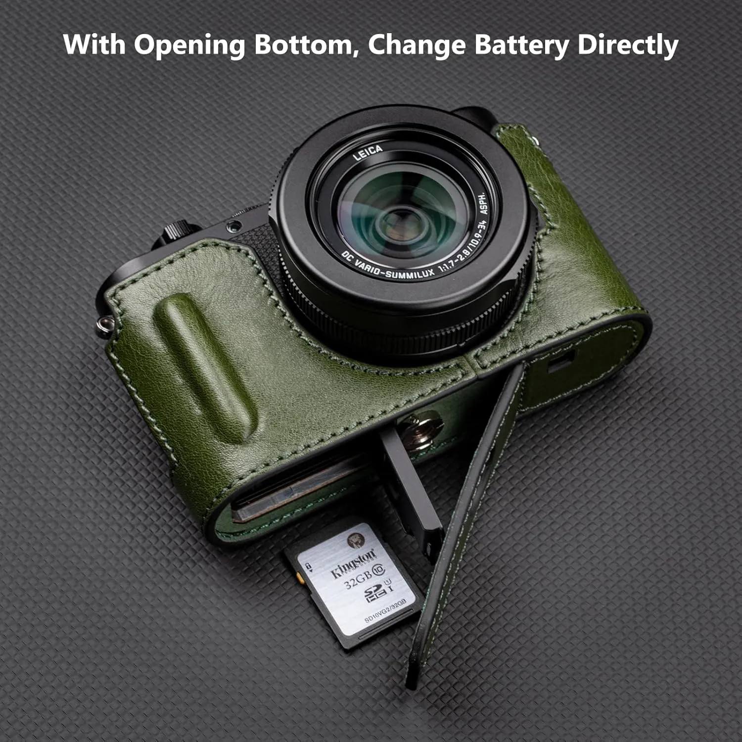 MUZIRI KINOKOO Case for Leica D-LUX 8 Camera - Retro Style Genuine Leather Half Protective Case for Leica D LUX 8/ D-LUX8 Camera - with Opening Bottom and Hand Grip Design - Green