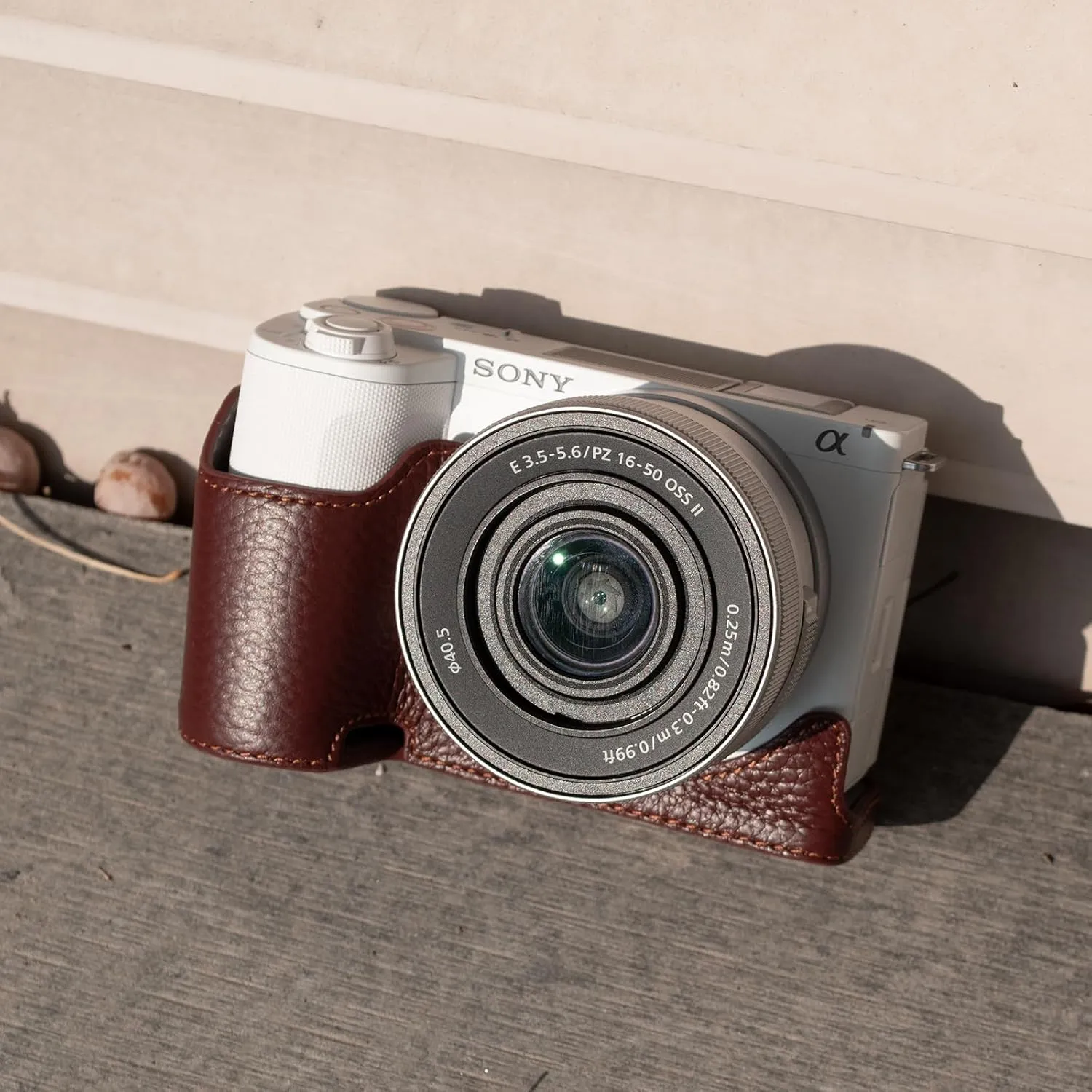 MUZIRI KINOKOO Case for Sony ZV-E10 II Camera - Retro Style Genuine Leather Half Protective Case for Sony Alpha ZVE10 II/ZV-E10 II Camera - with Opening Bottom and Hand Grip Design - Coffee