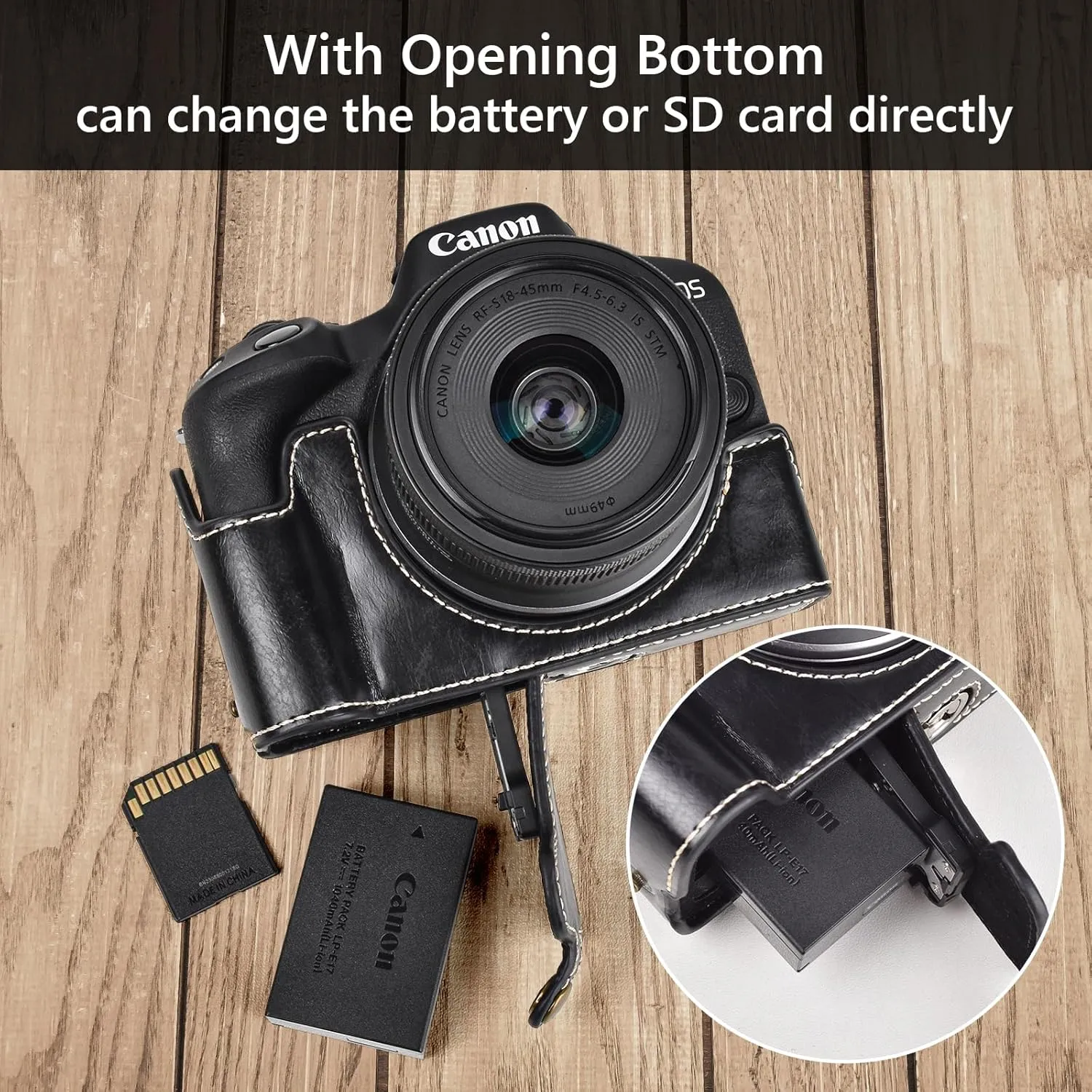 MUZIRI KINOKOO EOS R50 Camera Case, Retro Style PU Leather Half Case for Canon EOS R50, Black, Retro Style