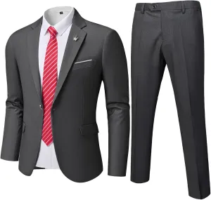 MY'S Men's 2 Piece Suit, One Button Slim Fit Jacket and Pants with Tie, Classic Blazer for Weddings Business Party