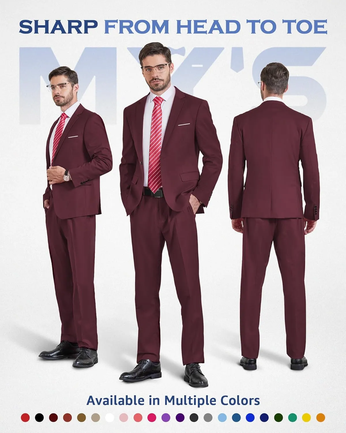 MY'S Men's 2 Piece Suit, One Button Slim Fit Jacket and Pants with Tie, Classic Blazer for Weddings Business Party
