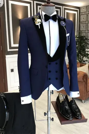 Navy Blue Three Pieces Business Suits With Black Peaked Lapel Blazer Vest Pants
