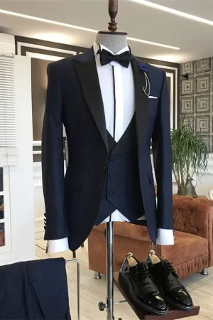 Navy Blue Three Pieces Slim Business Suits with Black Peaked Lapel