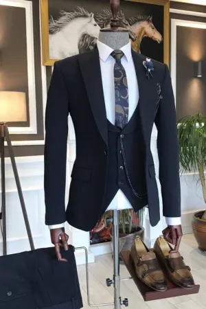 Navy Blue Three Pieces Slim Fit Business Suits with Peaked Lapel