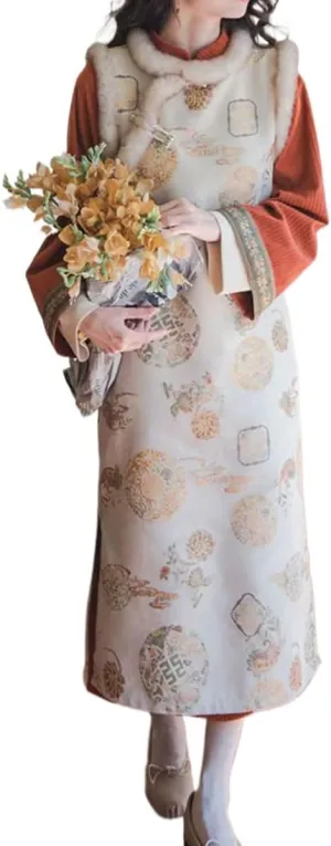 NCDUANSAN Chinese Style Long Sleeved Thick Cheongsam, Spring and Autumn Women's Retro Embroidered Vest Long Skirt