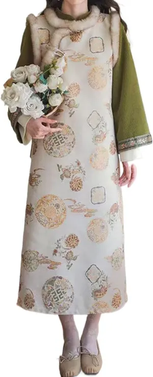 NCDUANSAN Chinese Style Long Sleeved Thick Cheongsam, Spring and Autumn Women's Retro Embroidered Vest Long Skirt