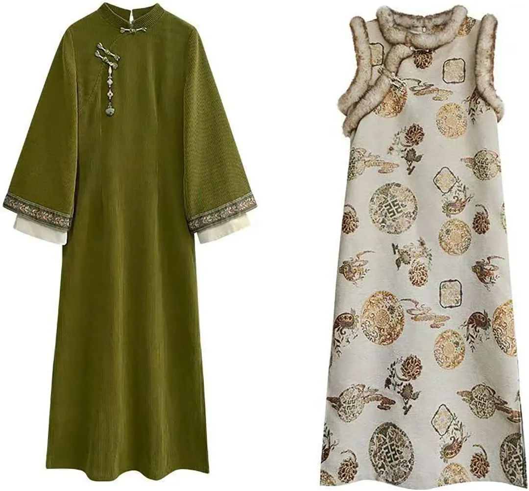 NCDUANSAN Chinese Style Long Sleeved Thick Cheongsam, Spring and Autumn Women's Retro Embroidered Vest Long Skirt
