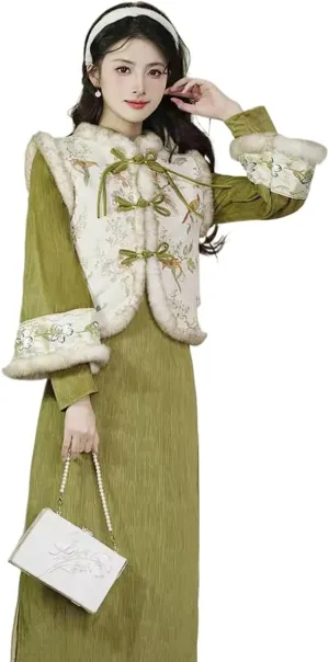 NCDUANSAN Chinese Style Long Sleeved Thick Cheongsam, Spring and Autumn Women's Retro Embroidered Vest Long Skirt