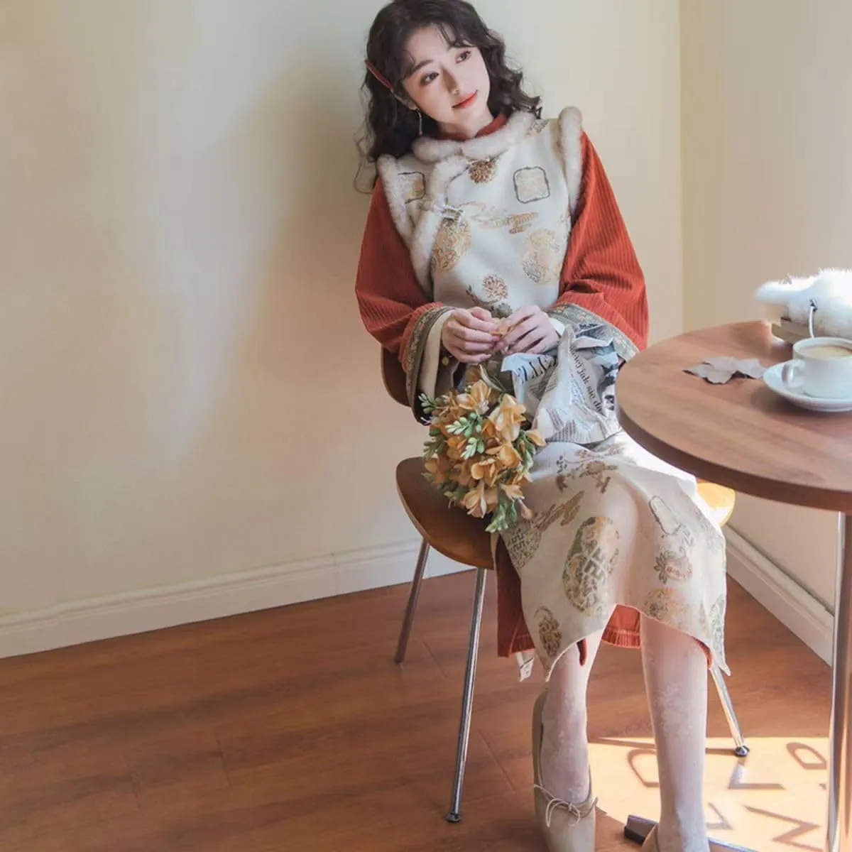 NCDUANSAN Chinese Style Long Sleeved Thick Cheongsam, Spring and Autumn Women's Retro Embroidered Vest Long Skirt