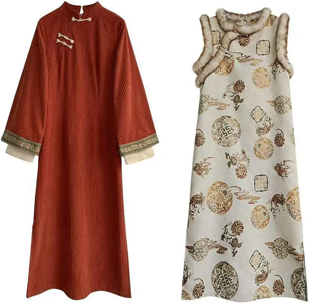 NCDUANSAN Chinese Style Long Sleeved Thick Cheongsam, Spring and Autumn Women's Retro Embroidered Vest Long Skirt