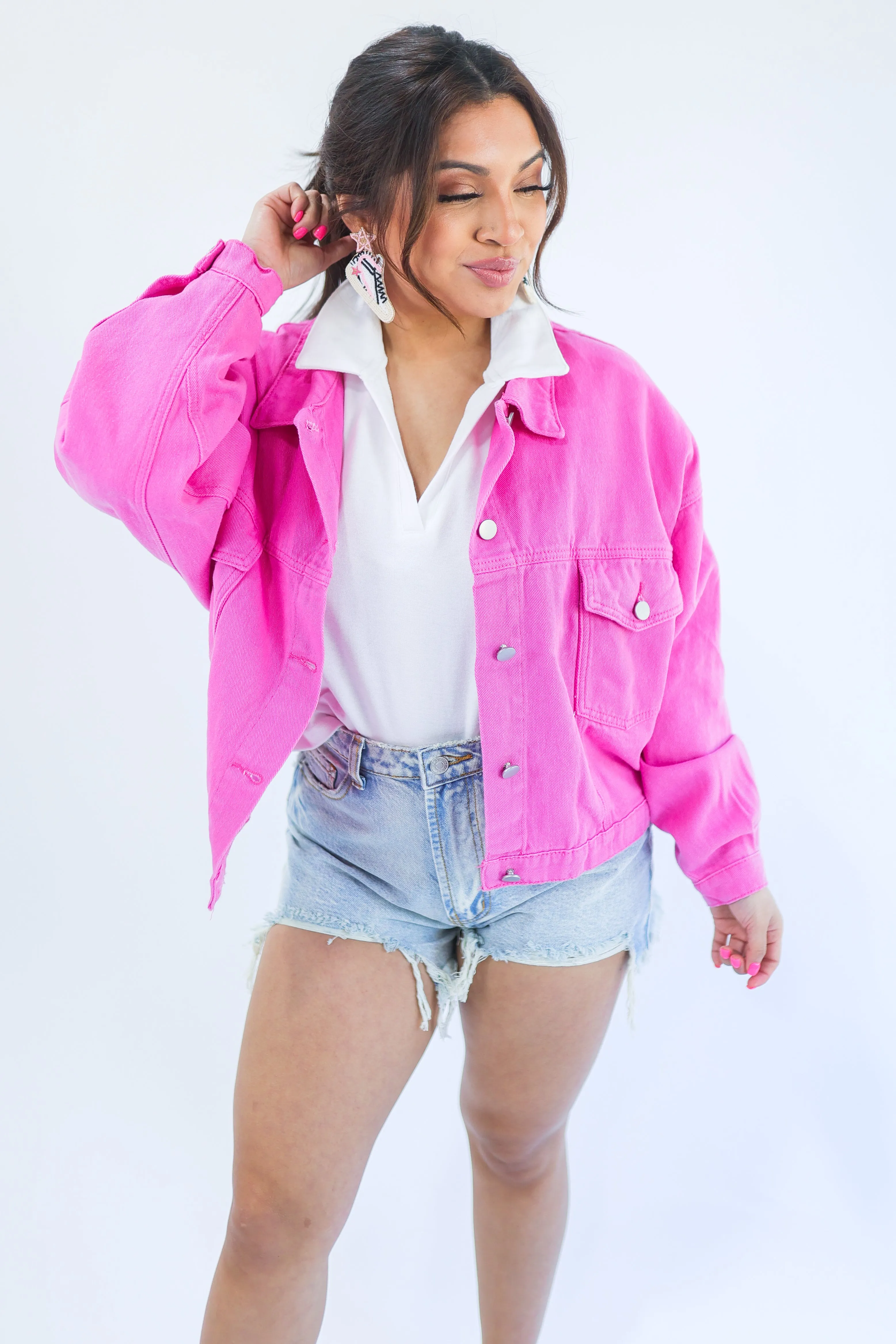 No Limits Dolman Denim Jacket In Pink