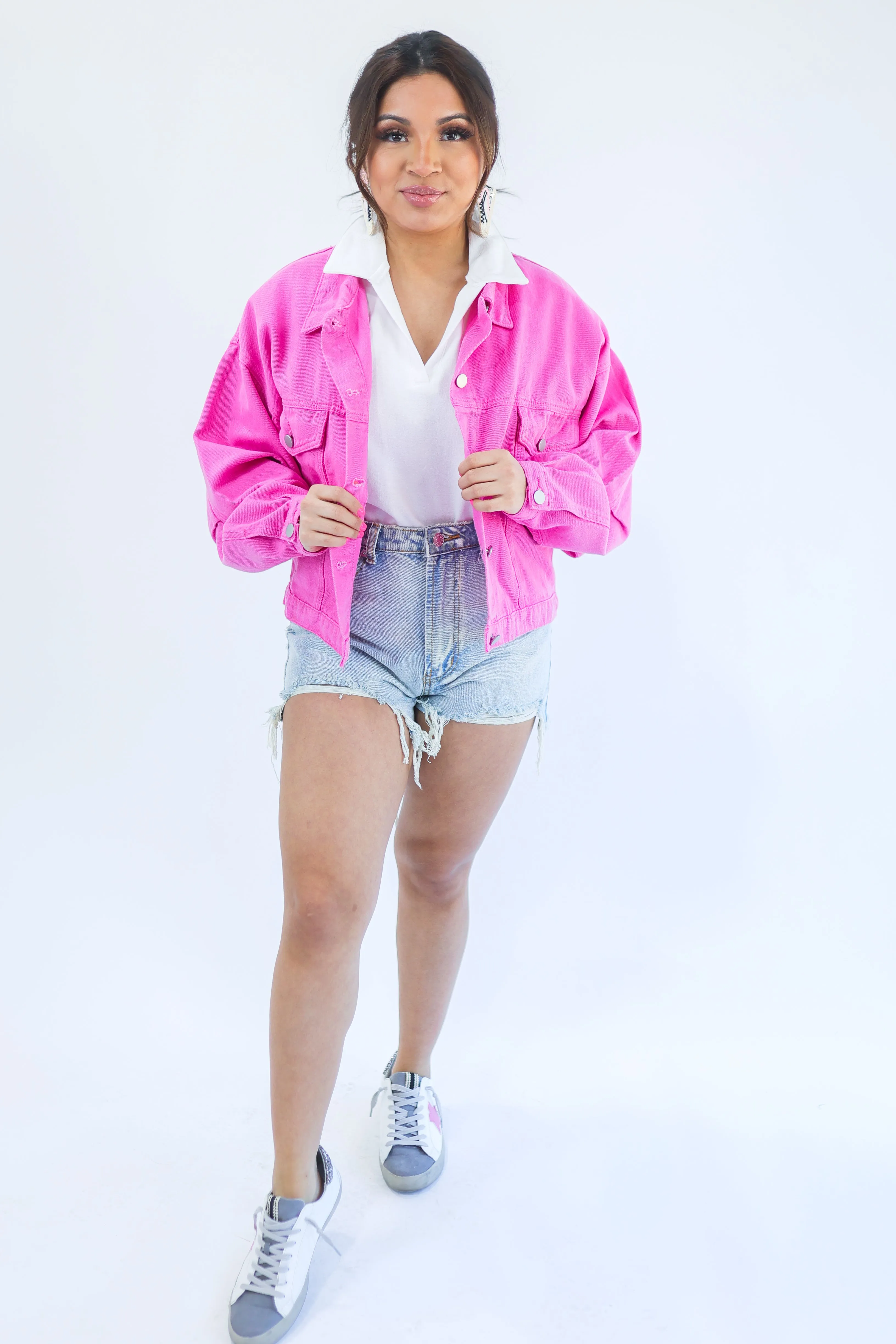 No Limits Dolman Denim Jacket In Pink