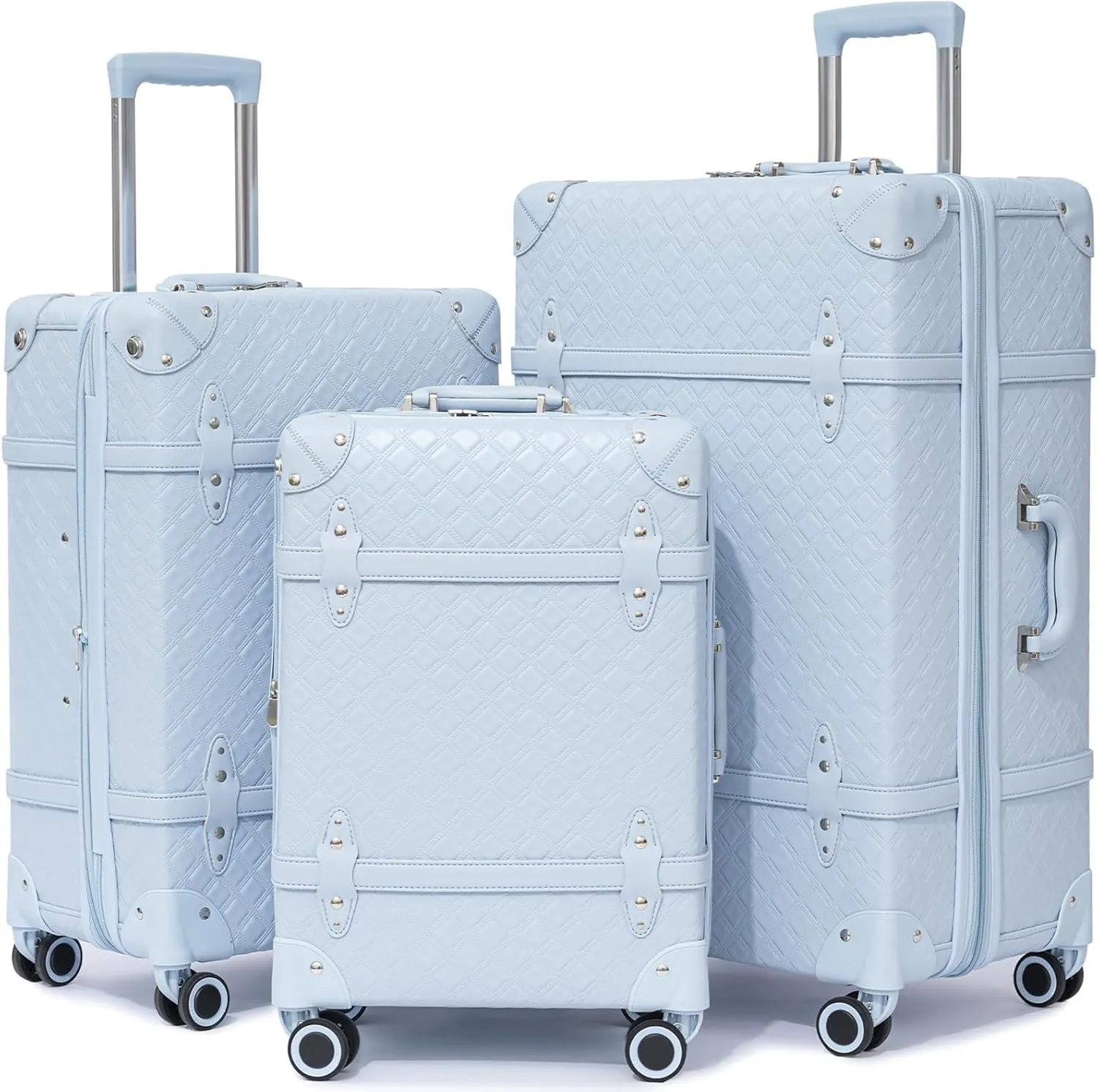 NZBZ Expandable Vintage Luggage Sets For Women Retro Luggage Set Handmade Vintage Suitcase Set with Leather Accents (Blue Quilted, 20inch & 24inch & 28inch)