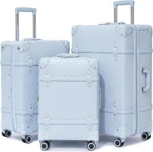 NZBZ Expandable Vintage Luggage Sets For Women Retro Luggage Set Handmade Vintage Suitcase Set with Leather Accents (Blue Quilted, 20inch & 24inch & 28inch)