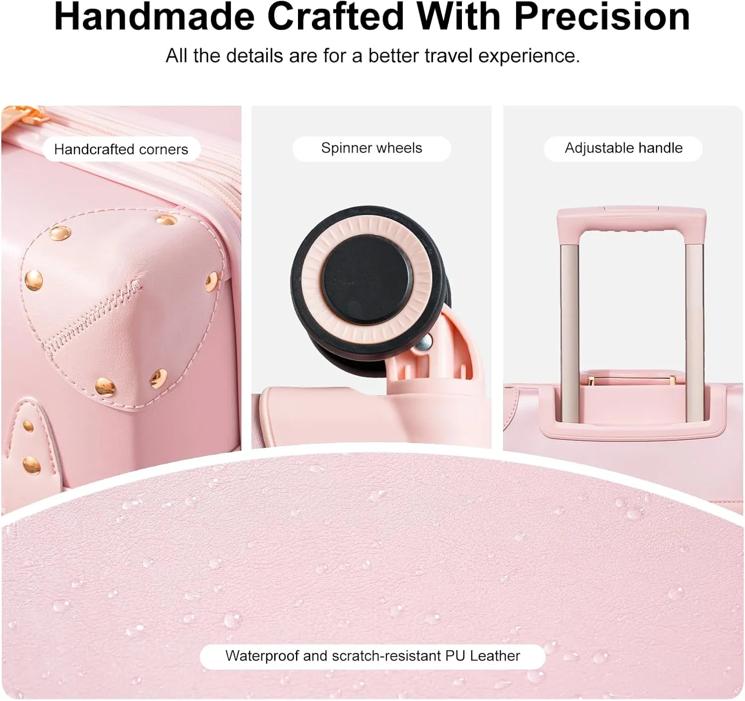 NZBZ Expandable Vintage Luggage Sets For Women Retro Luggage Set Handmade Vintage Suitcase Set with Leather Accents (Blush Pink, 20inch & 24inch & 28inch)