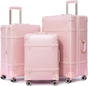 NZBZ Expandable Vintage Luggage Sets For Women Retro Luggage Set Handmade Vintage Suitcase Set with Leather Accents (Blush Pink, 20inch & 24inch & 28inch)