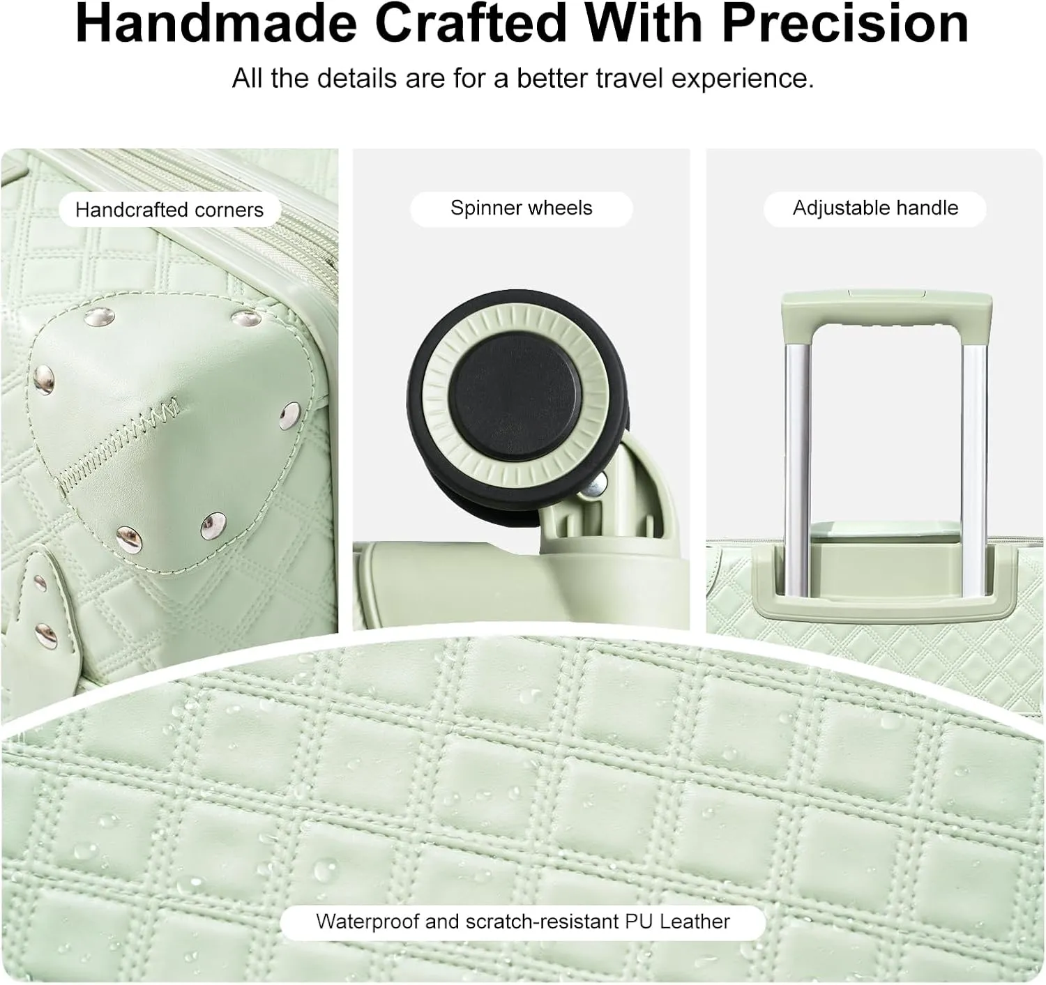 NZBZ Expandable Vintage Luggage Sets For Women Retro Luggage Set Handmade Vintage Suitcase Set with Leather Accents (Green Quilted, 20inch & 24inch & 28inch)