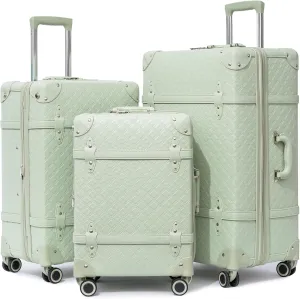 NZBZ Expandable Vintage Luggage Sets For Women Retro Luggage Set Handmade Vintage Suitcase Set with Leather Accents (Green Quilted, 20inch & 24inch & 28inch)